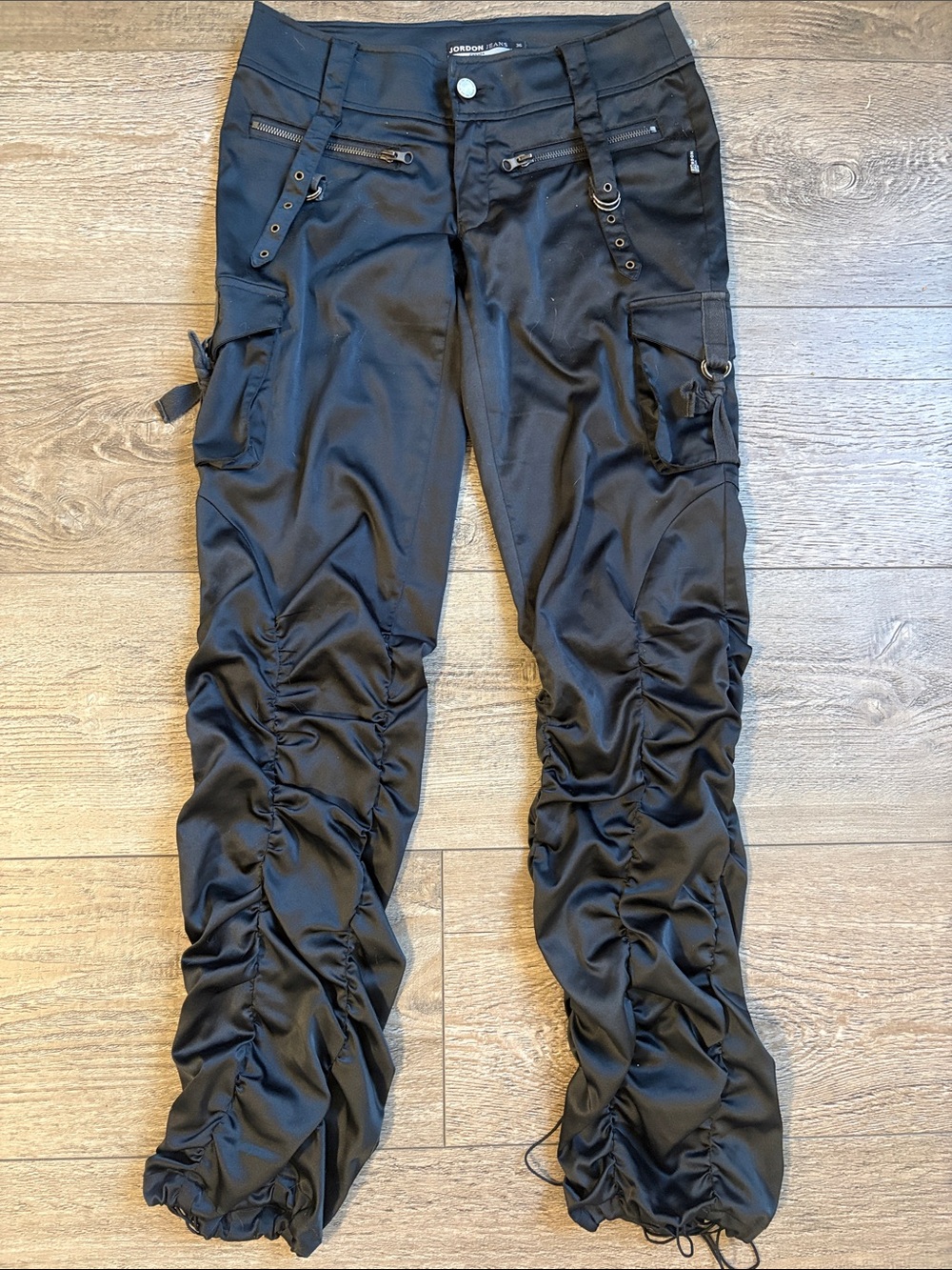 Y2K Jordon Jeans Black Satin Straight-Leg Cargo Pocket Pants w Ruched Legs
